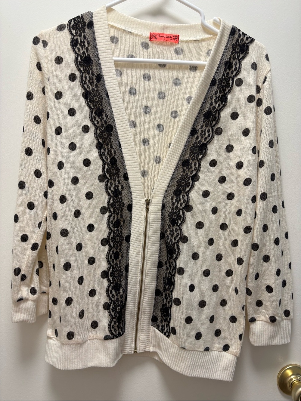Spoiled Cream and Black Polka Dot Cardigan with Lace Trim